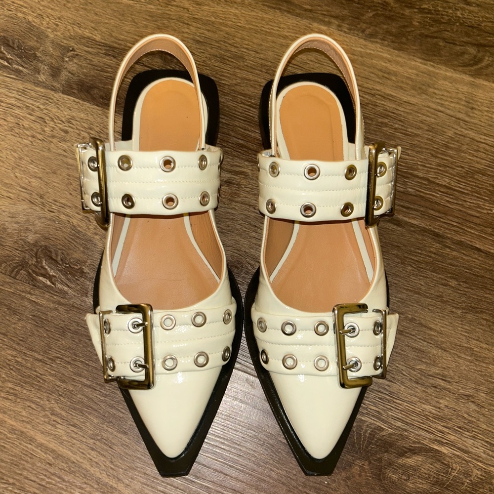 GANNI White Wide Welt Buckle Ballerinas